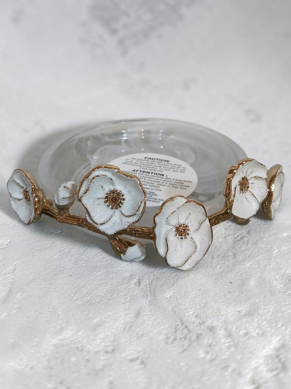 Floral Crystal Candle Holder with White Enamel Flowers